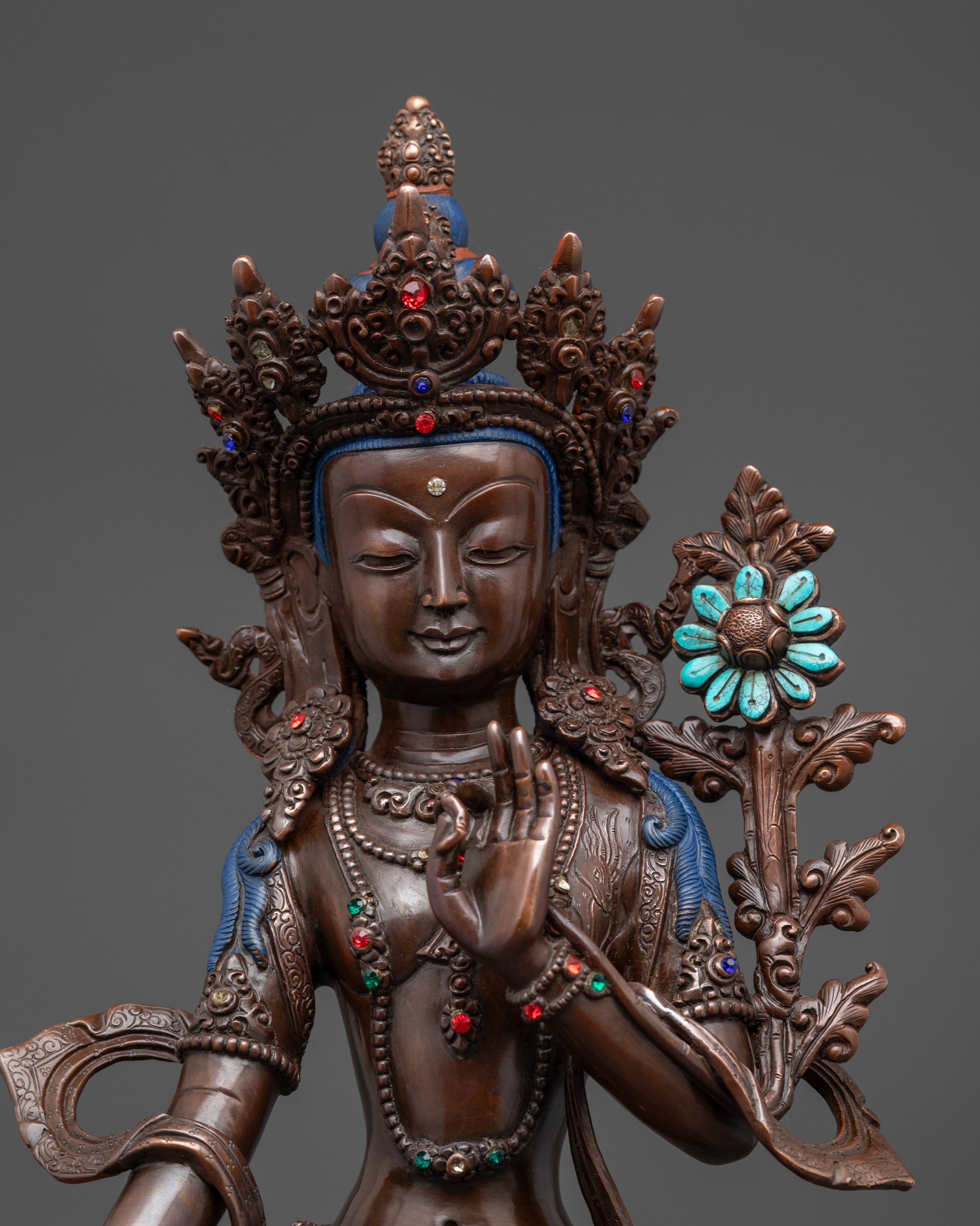 Standing Chenrezig statue oxidized copper face five-jeweled crown Tibetan Buddhist deity

