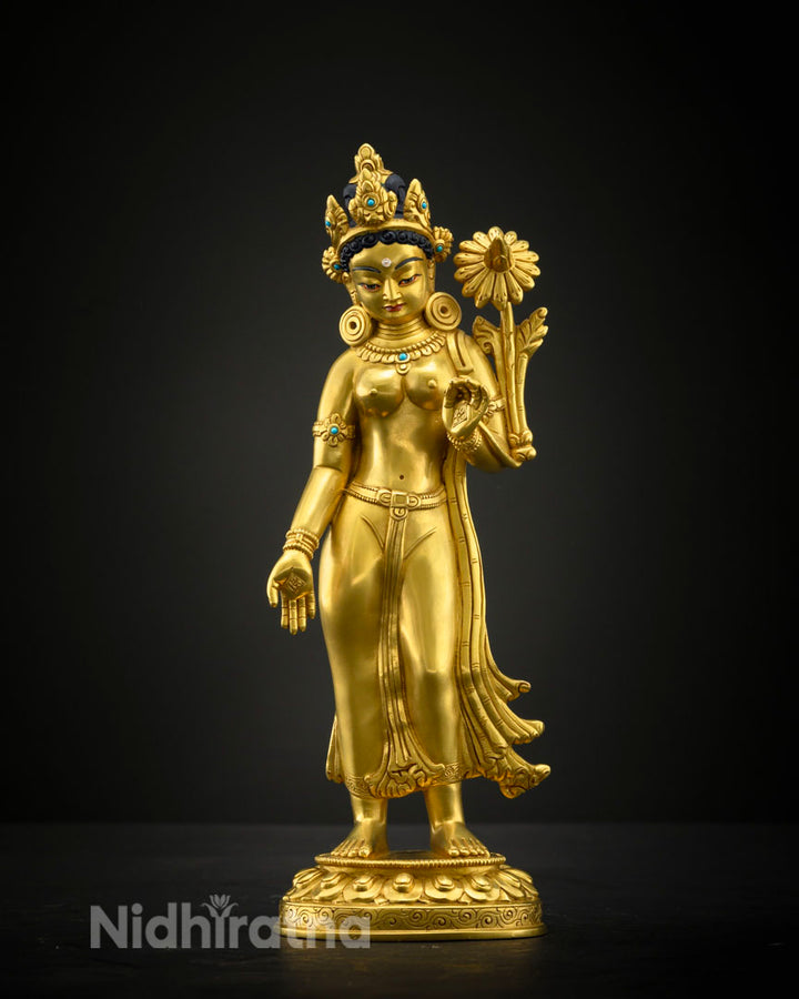 Green tara statue is standing on lotus | 24k Gold Glided of Green Tara 