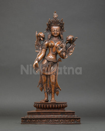 Standing Green Tara statue Nepalese handcrafted oxidized copper Buddhist goddess