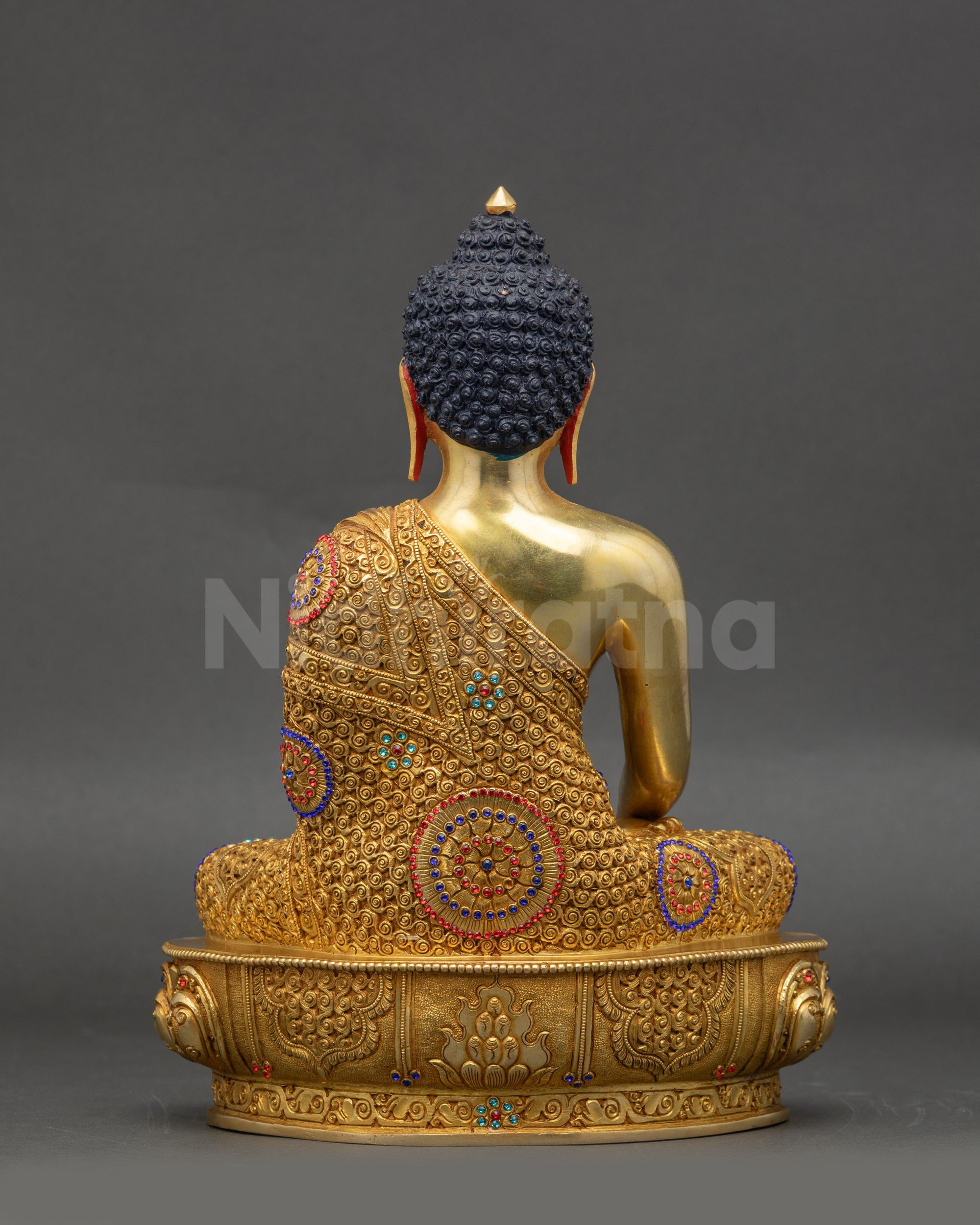 Shakyamuni Buddha back view gold-gilded copper lotus pedestal sculpture