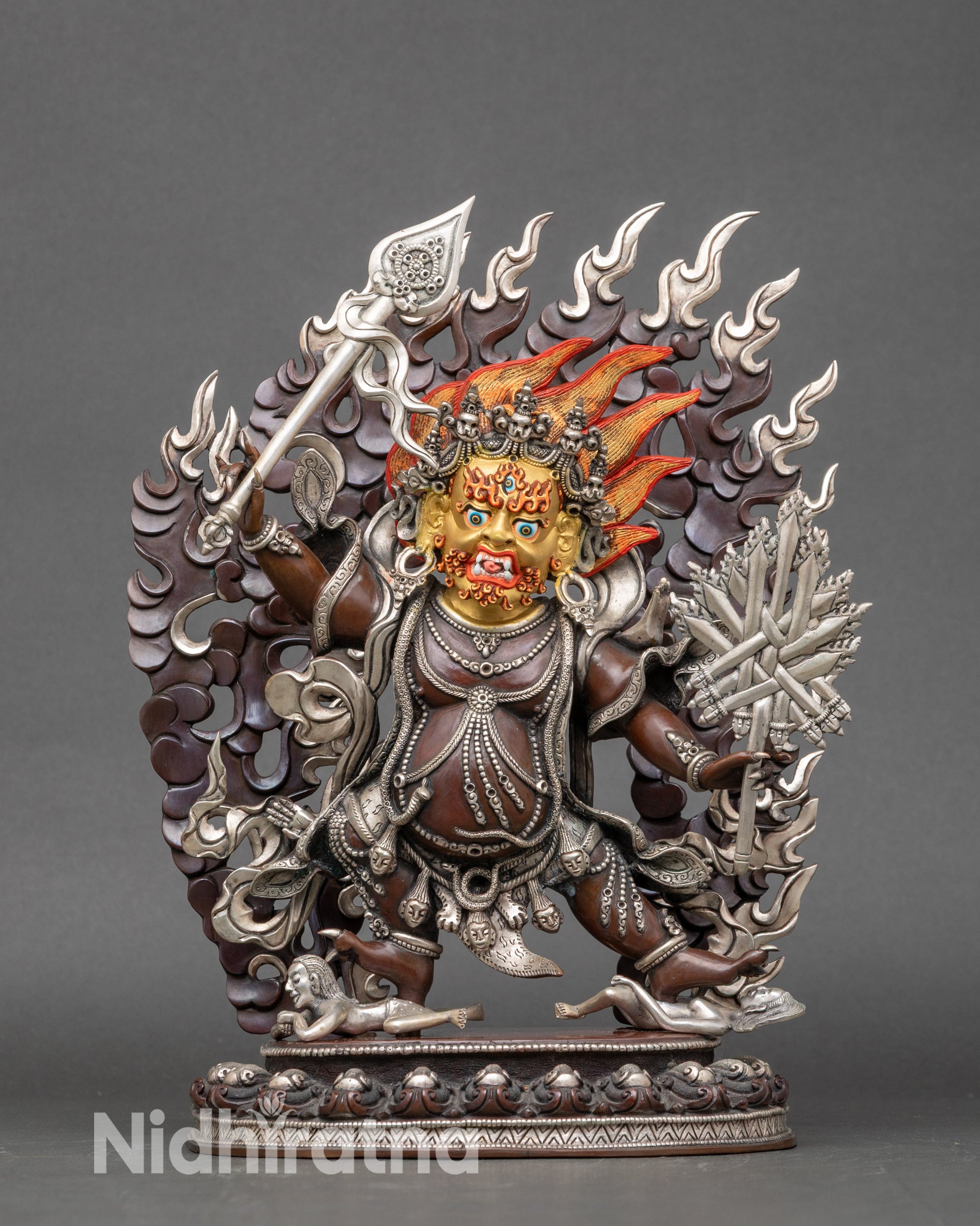 Takla Mebar deity statue, handcrafted Nepalese copper with silver-plated and gold-painted face