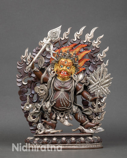 Takla Mebar deity statue, handcrafted Nepalese copper with silver-plated and gold-painted face