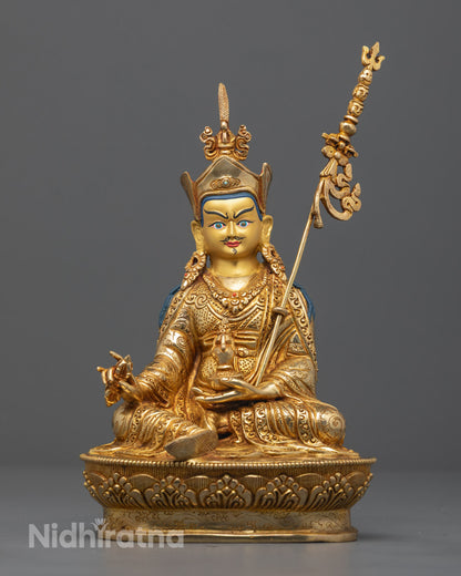 Tantra Guru Rinpoche Statue with 24k gold fire-gilded body and gold-gilded face, seated on a lotus throne for meditation and rituals