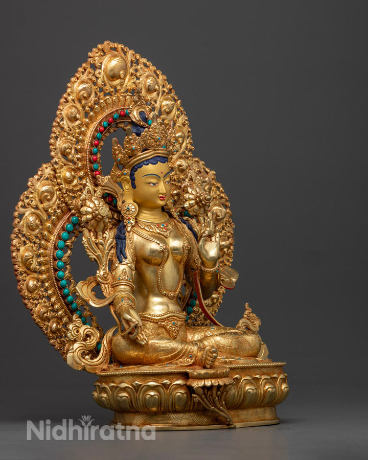 Buddhist Green Tara Statue | Handcrafted in Nepal | Adorned with Semi-Precious Stones | Gold-Glited