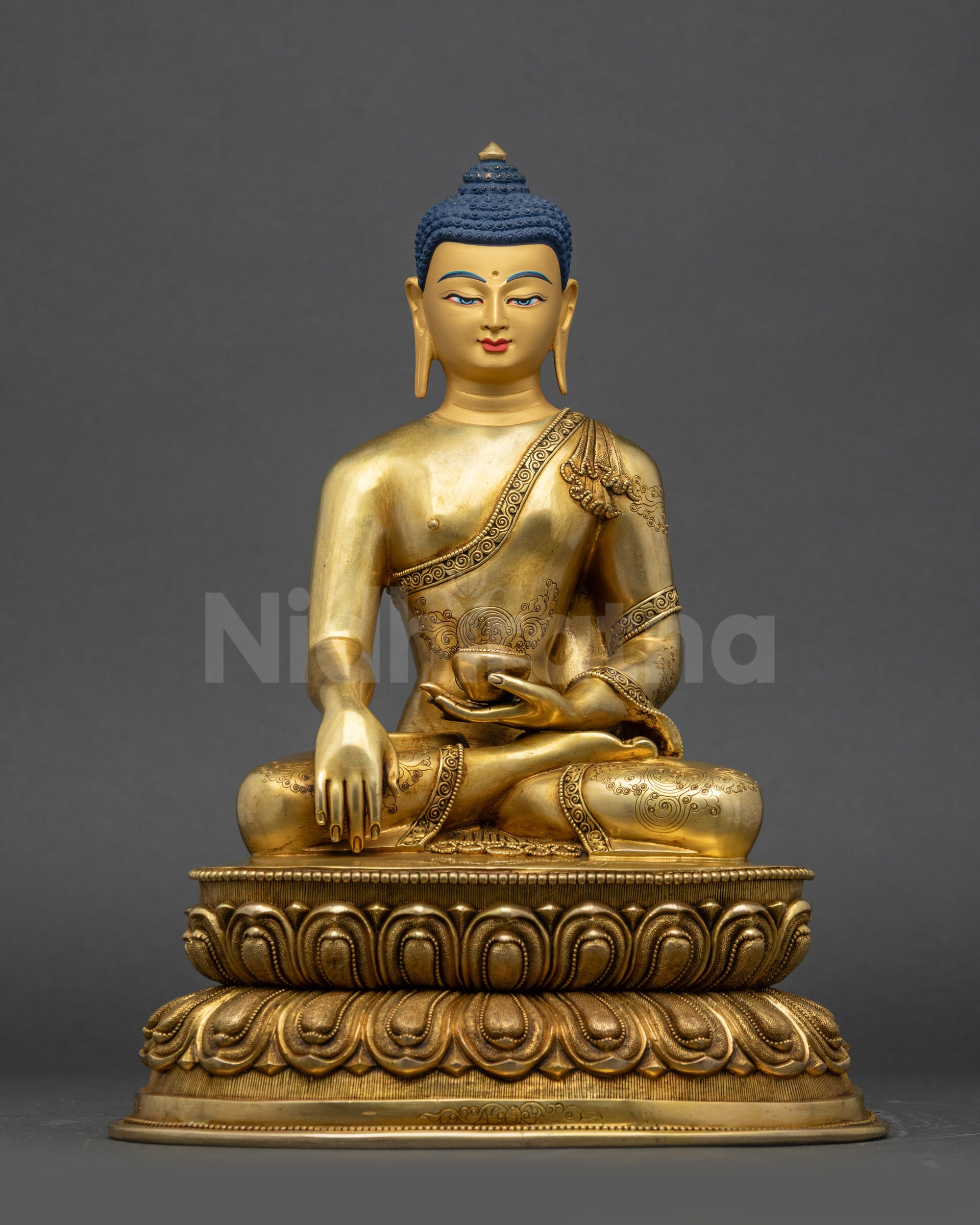 Tathagata Buddha Shakyamuni statue seated on lotus pedestal in Bhumisparsa Mudra with Patra bowl