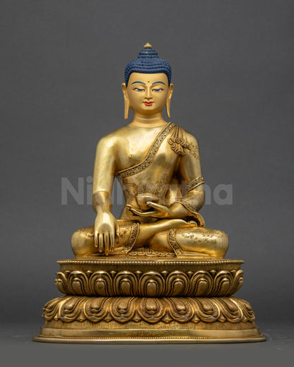 Tathagata Buddha Shakyamuni statue seated on lotus pedestal in Bhumisparsa Mudra with Patra bowl