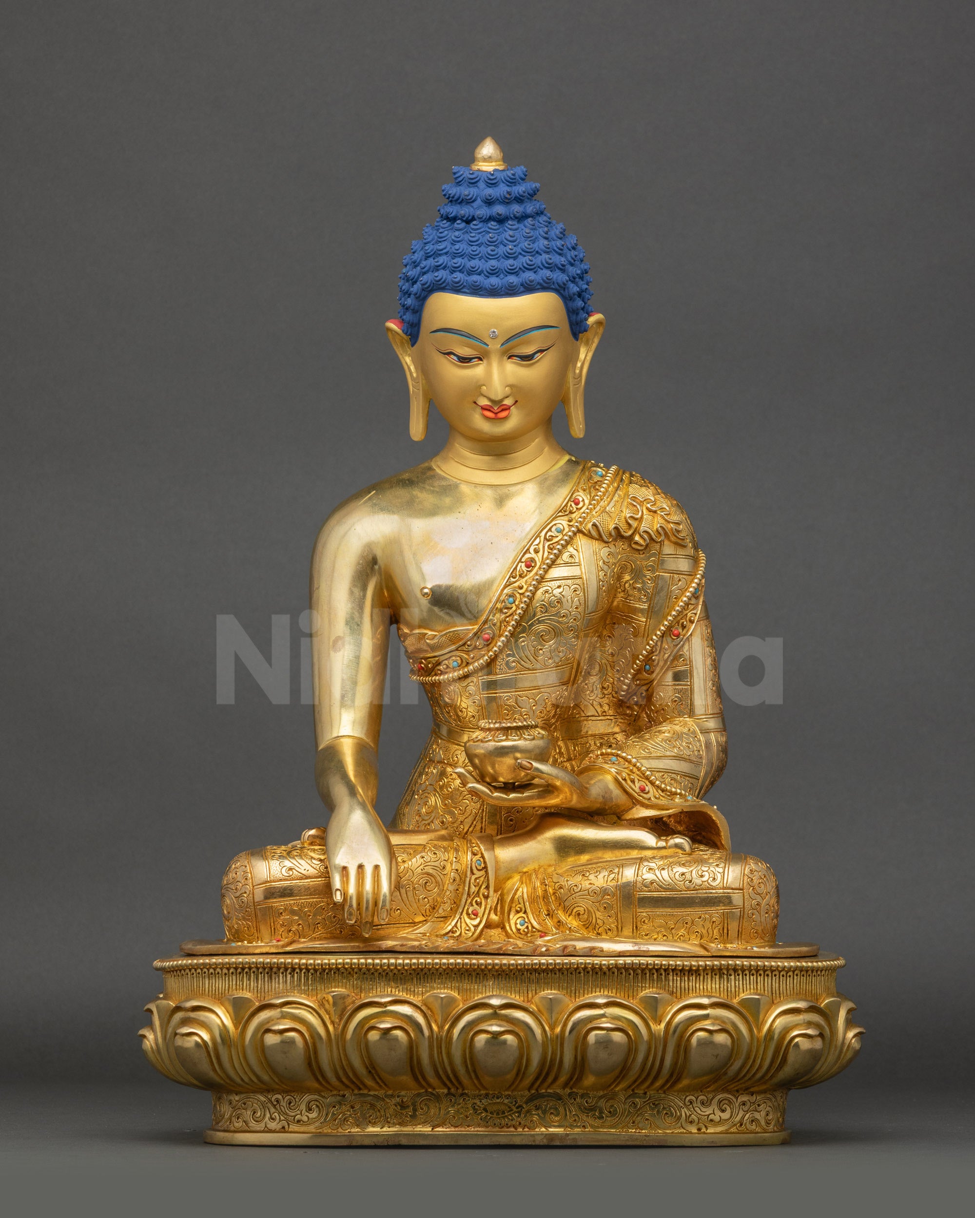 Handcrafted Tathagata Shakyamuni Buddha meditation statue from Nepal with 24K gold painted face
