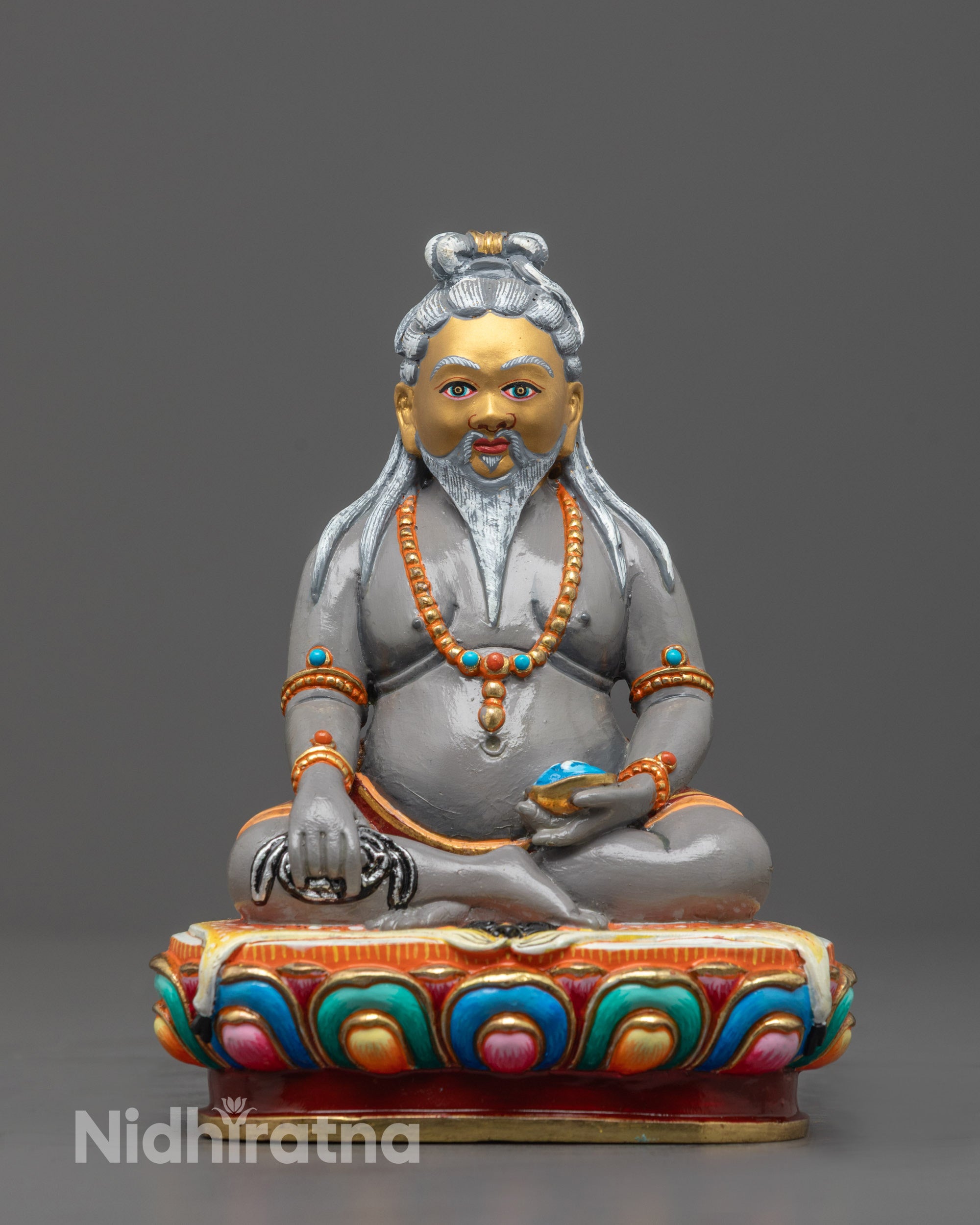 Front-view of Hand-Carved Thangtong Gyalpo Statue with Gray Acrylic Finish