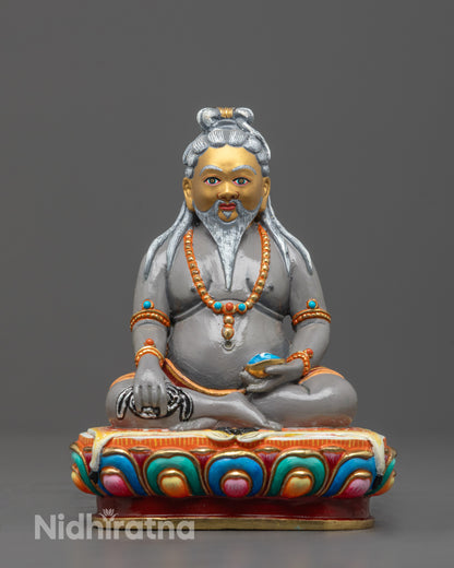Front-view of Hand-Carved Thangtong Gyalpo Statue with Gray Acrylic Finish