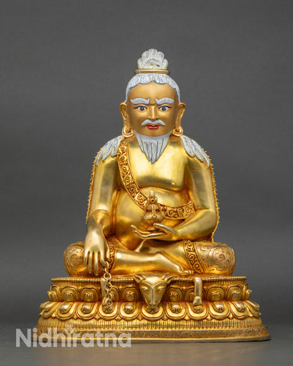 Thangtong Gyalpo statue front view, gold fire-gilded copper Himalayan Buddhist master