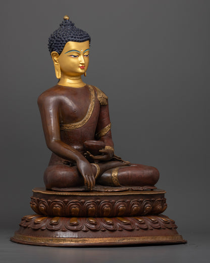  The 12.34kg Buddha Shakyamuni statue, highlighting intricate detailing, colorful accents, and the durability of oxidized copper.