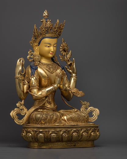  The 18.09kg Chenrezig statue, highlighting colorful embellishments, ornate jewelry, and the fine craftsmanship of Patan artisans.