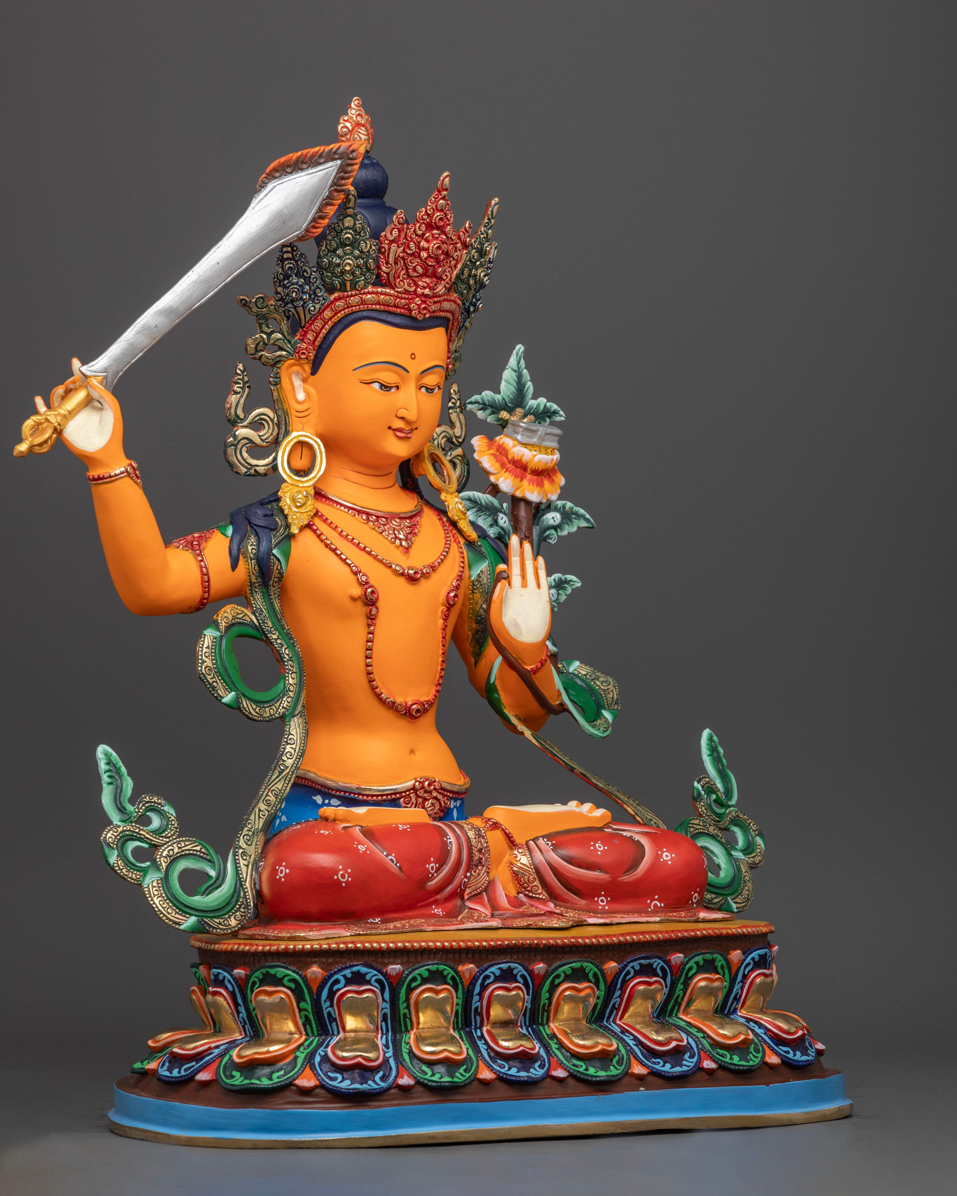 The 8.57kg Manjushri statue, featuring intricate detailing, colorful accents, and refined contours that embody sacred symbolism.