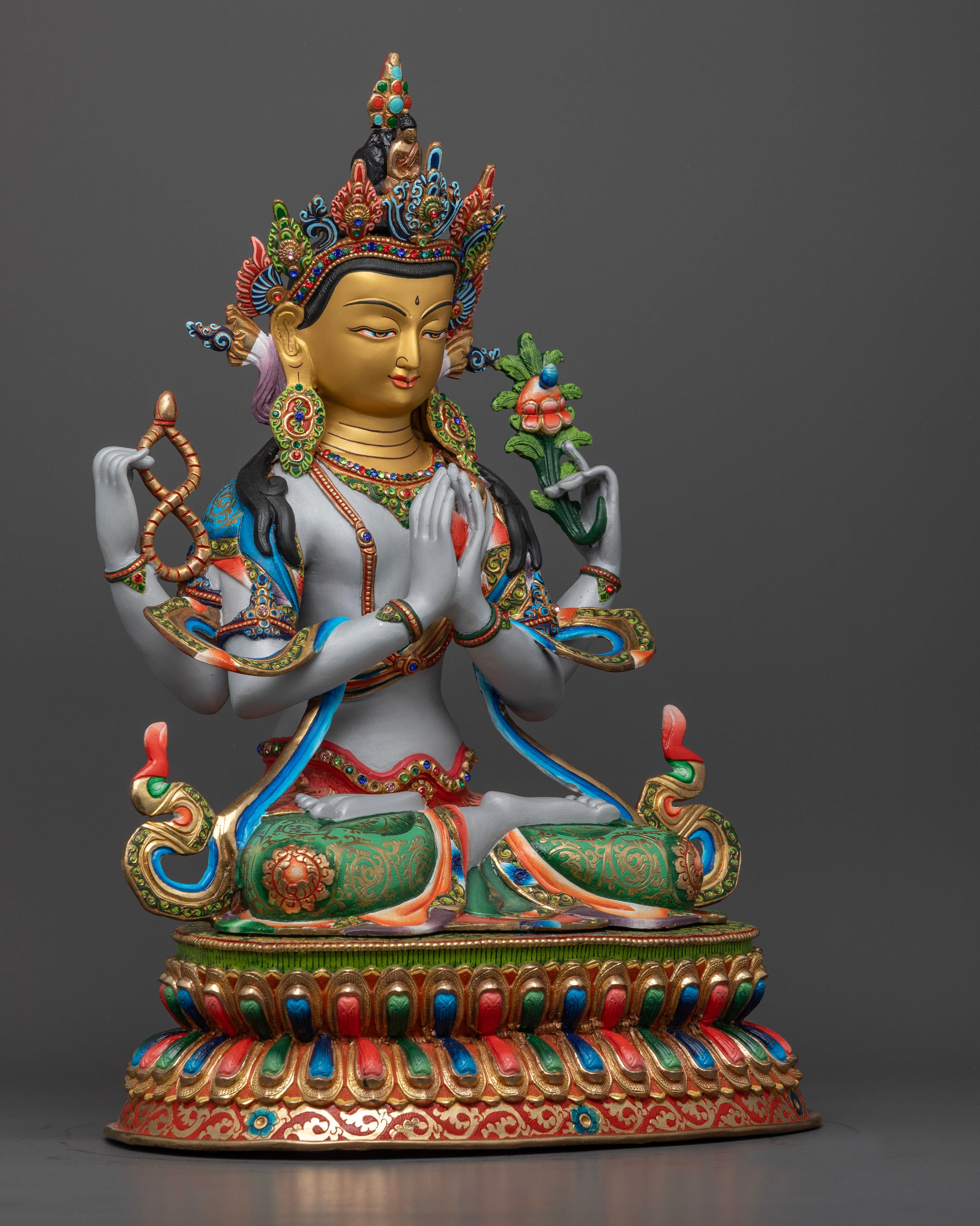 The 9.98kg Chenrezig statue, showcasing the colorful acrylic decorations and the refined contours of this spiritually symbolic figure.