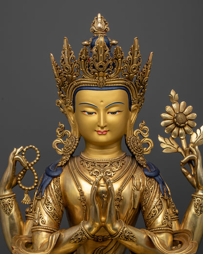 The Chenrezig statue’s radiant gold-plated face and intricate detailing, reflecting expert Nepalese artistry and spiritual depth.