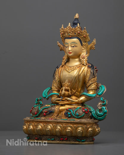 The lotus throne on which the Tibetan Amitayus Buddha Statue is seated, highlighting the delicate craftsmanship and 24K gold gilding that radiates sacred energy