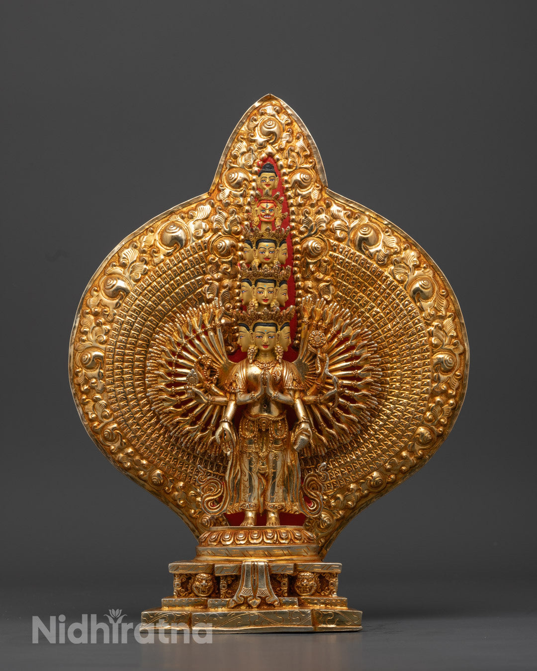 Thousand-Armed Chenrezig Bodhisattva Statue handcrafted using lost wax method with detailed carvings and vibrant acrylic colors