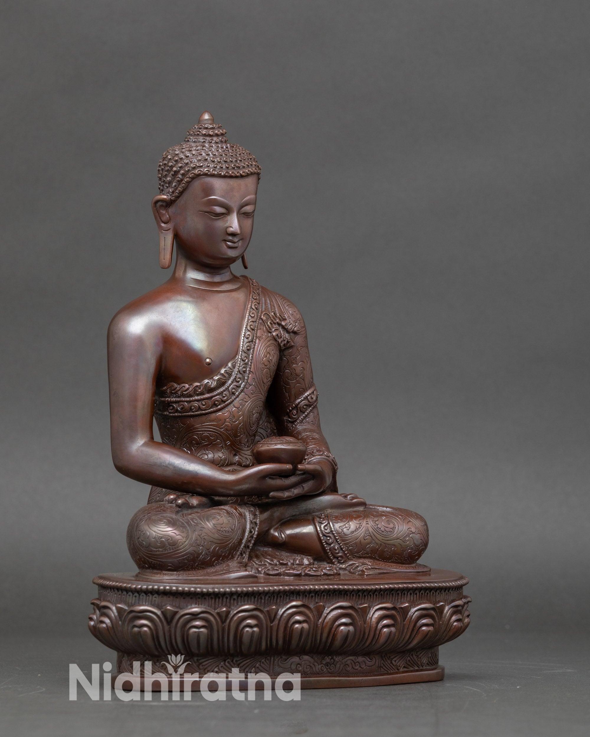 Three Buddha meditation statue set on personal altar, Nepalese Buddhist copper artwork"