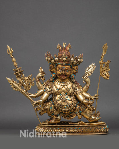 Three-faced Hayagriva statue gold fire-gilded copper from Nepal on lotus base