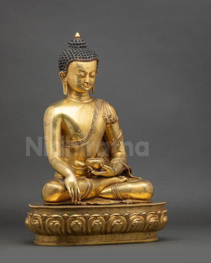 Three-quarter angle of lotus-seated Shakyamuni Buddha meditation figure crafted using lost-wax technique