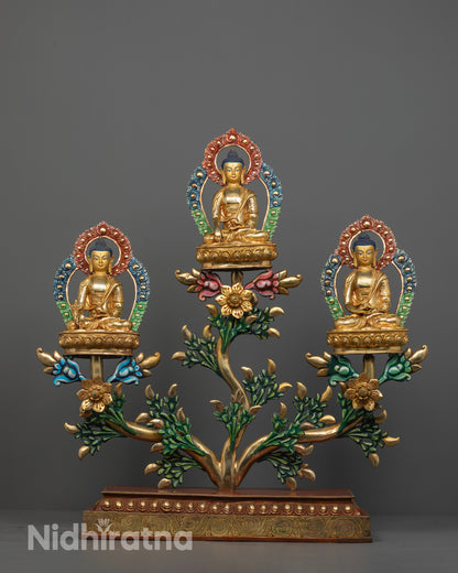 Sacred Buddha Trinity Statue | Handcrafted Bodhi Tree Design