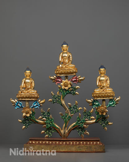 Sacred Buddha Trinity Statue | Handcrafted Bodhi Tree Design