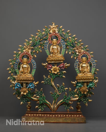 Three Buddha Set Statue from Nepal showing Shakyamuni, Medicine Buddha, and Amitabha