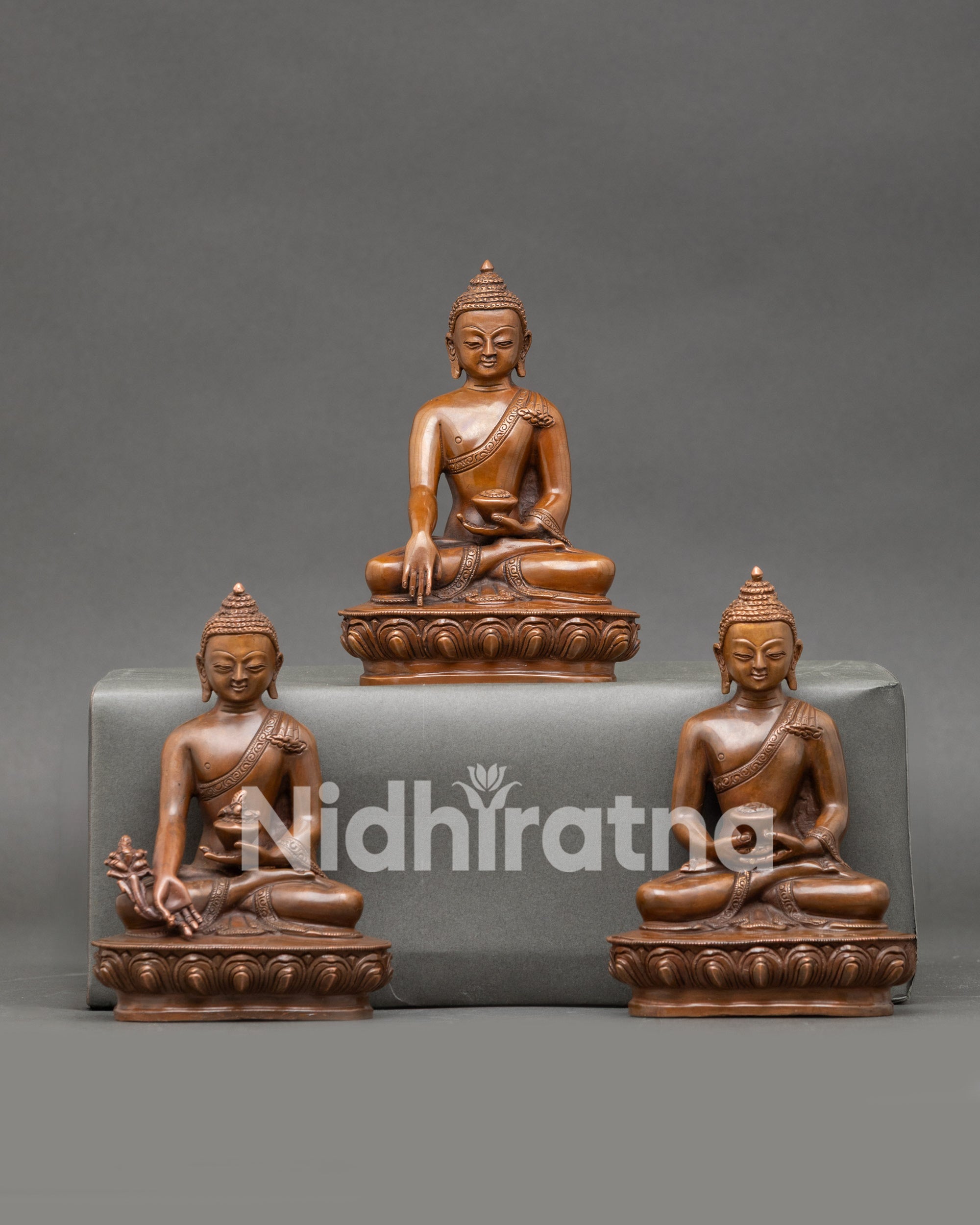 Three Buddha Statue Set for home altar, handcrafted Nepalese copper and gold-gilded art