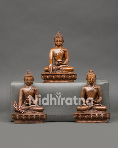 Three Buddha Statue Set for home altar, handcrafted Nepalese copper and gold-gilded art