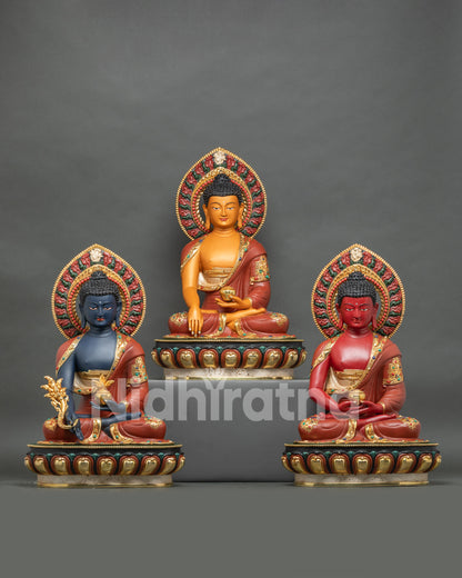 Three Buddha Statue Set for home altar, handcrafted copper with gold fire-gilded finish