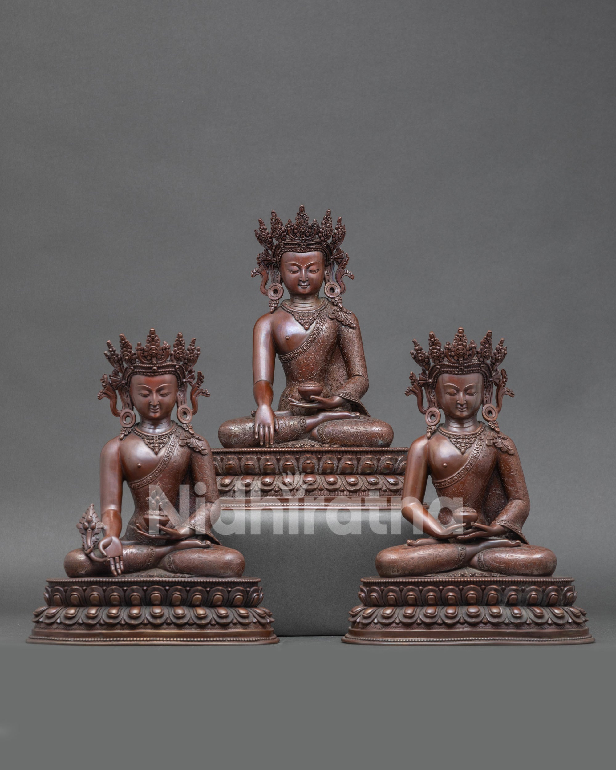 Three Buddha Statue for Meditation, handcrafted Nepalese copper artisan sculpture