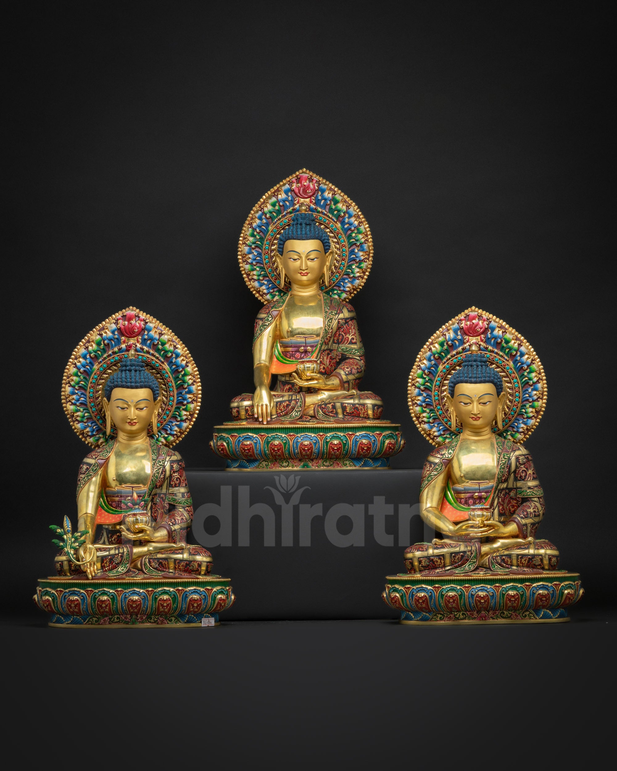 Three Buddha statues: Shakyamuni, Amitabha, Medicine Buddha, Nepalese copper artwork