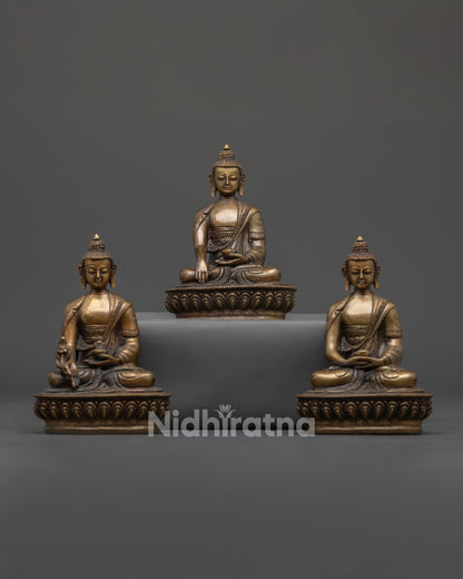 Copper Three Buddha Set Statue | Antique Artwork from Nepal