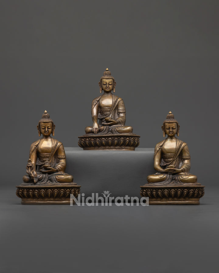 Copper Three Buddha Set Statue | Antique Artwork from Nepal