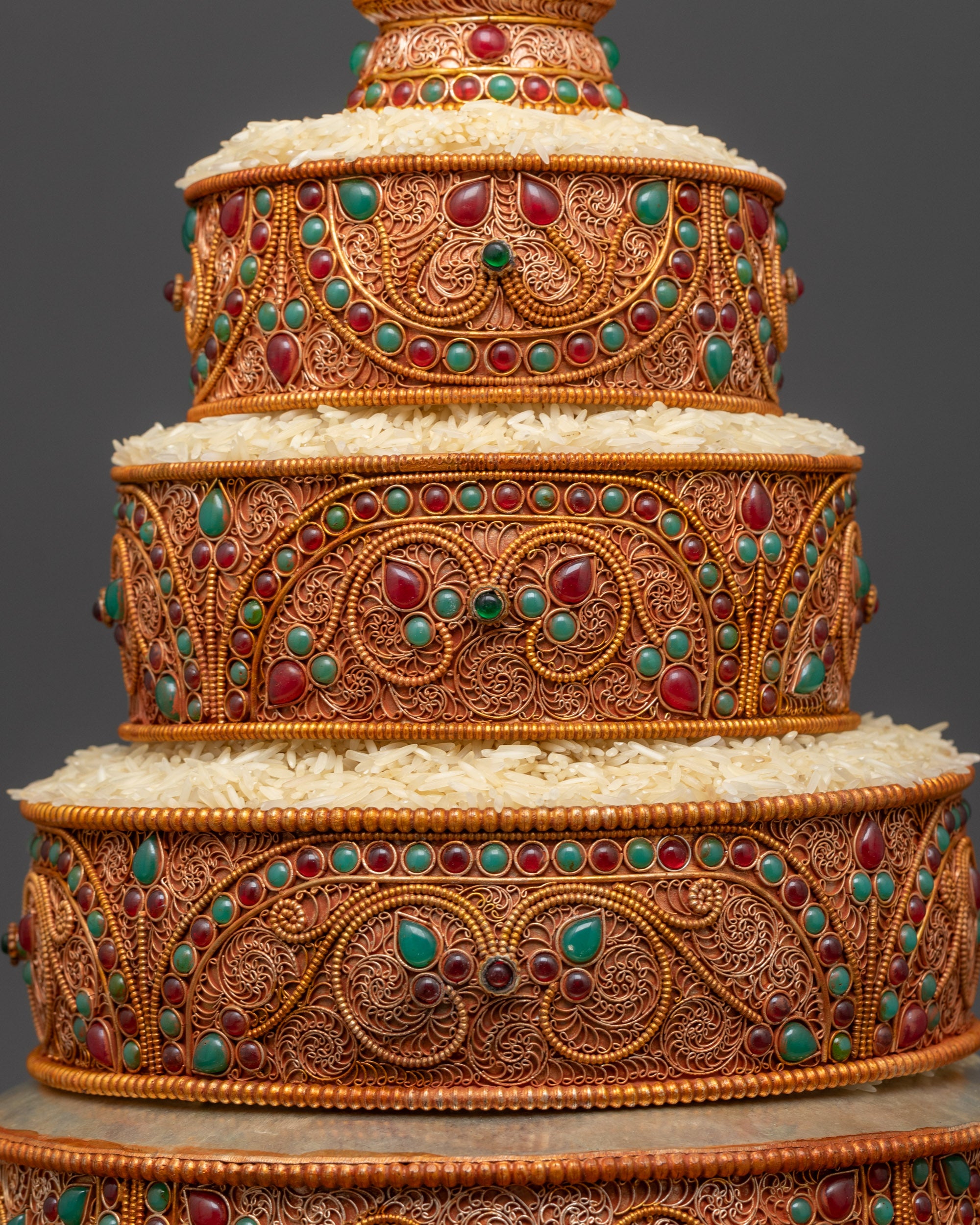 Tibetan Ratna Mandala placed on a Buddhist altar, symbolizing spiritual harmony and protection"