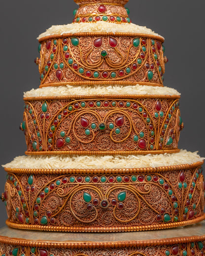 Tibetan Ratna Mandala placed on a Buddhist altar, symbolizing spiritual harmony and protection"