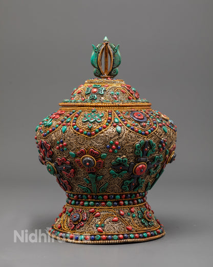 Ashtamangala Tibetan Ricepot | Ritual Container for Buddhist Altar