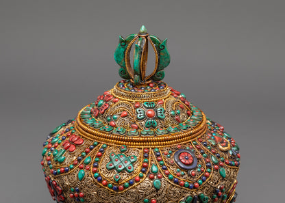 Ashtamangala Tibetan Ricepot | Ritual Container for Buddhist Altar
