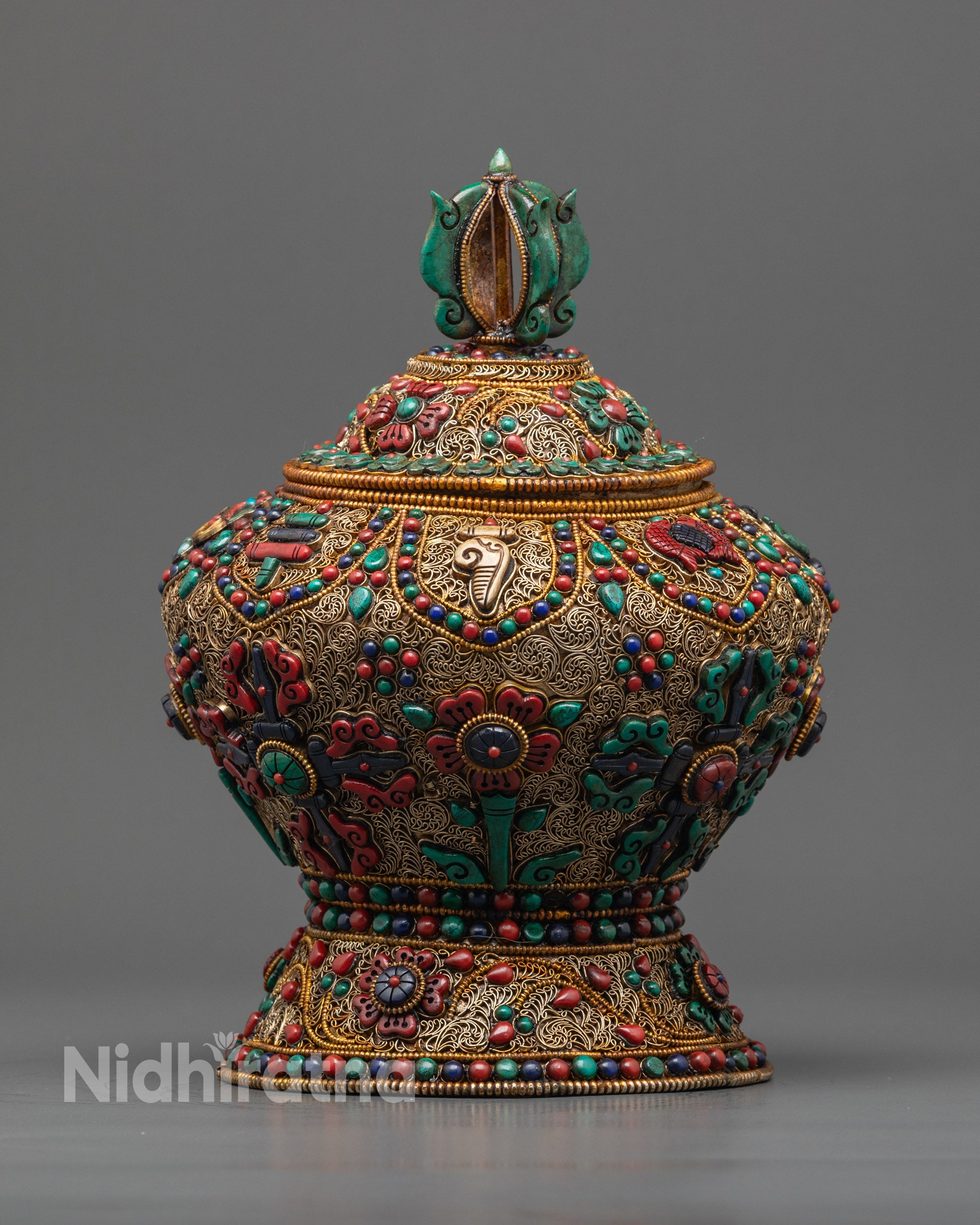 Ashtamangala Tibetan Ricepot | Ritual Container for Buddhist Altar
