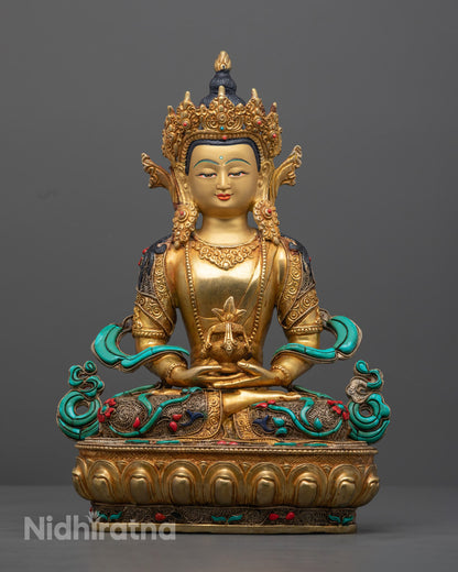 Tibetan Amitayus Buddha Statue crafted from 24K gold-gilded copper, symbolizing health, longevity, and enlightenment, seated on a lotus throne.