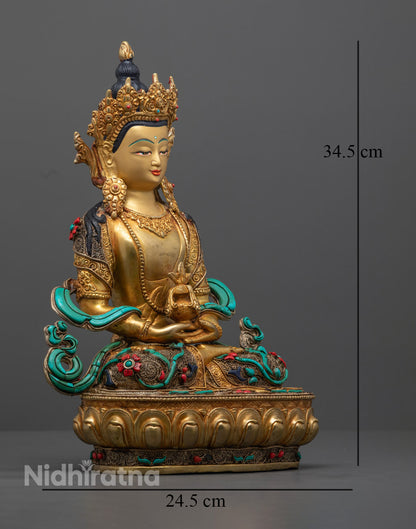 Tibetan Amitayus Buddha Statue showing intricate details and the serene posture of Amitayus, symbolizing purity and wisdom, with a hollow interior for mantras