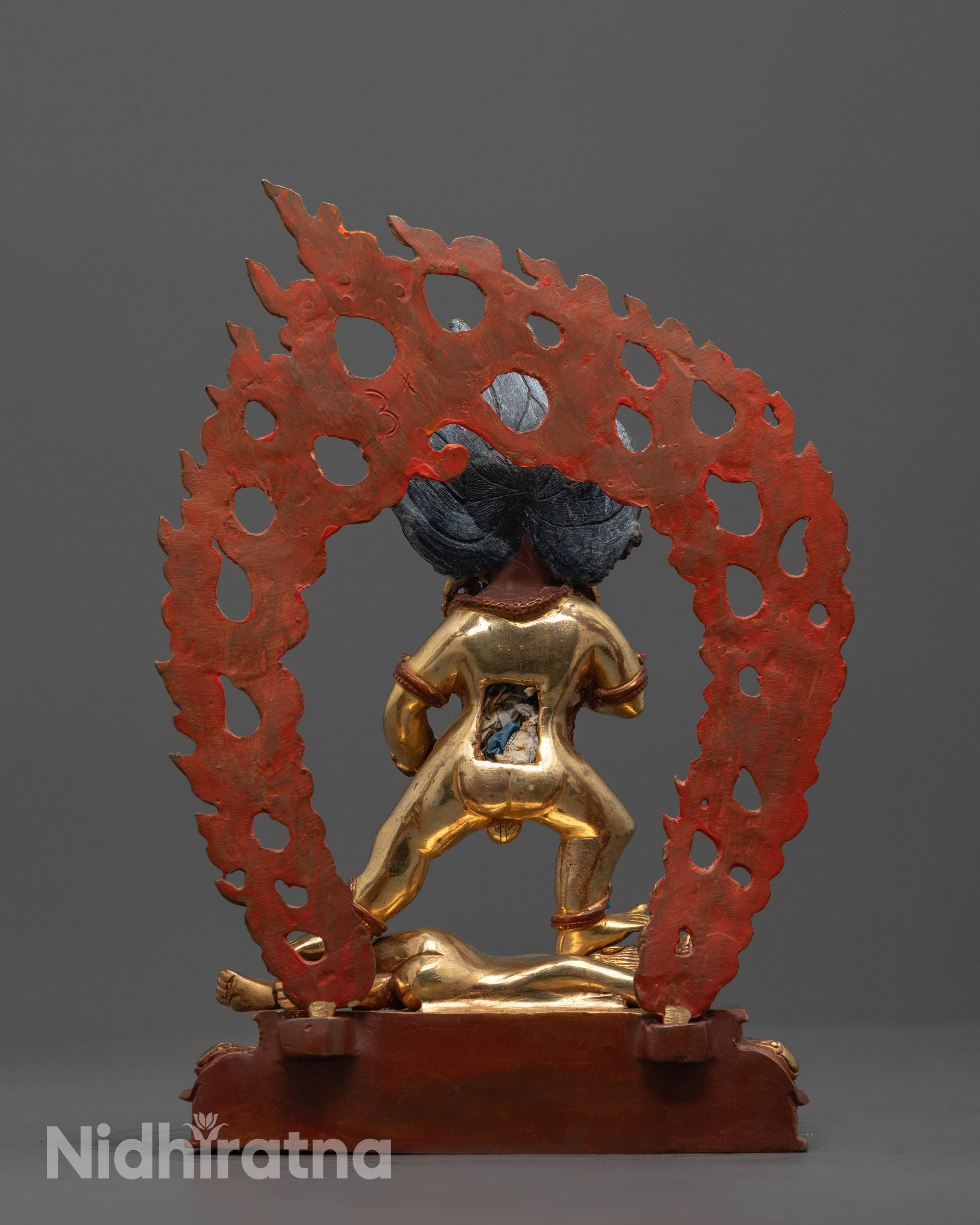 Tibetan Black Dzambhala Statue with radiant fierce halo, partially gilded in 24k gold