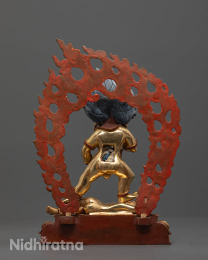 Tibetan Black Dzambhala Statue with radiant fierce halo, partially gilded in 24k gold