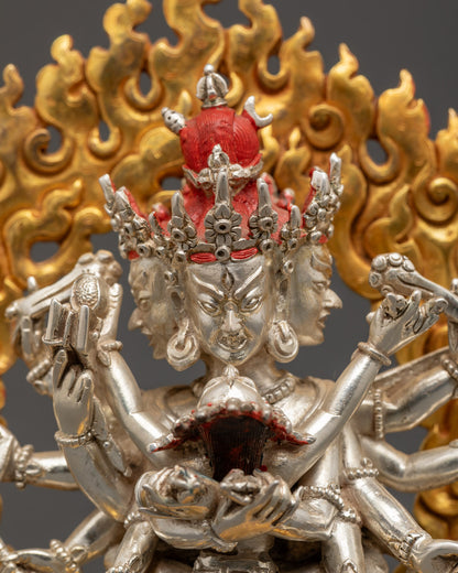 Tibetan Buddhist Chakrasamvara statue seated on lotus throne symbolizing purity and spiritual awakening