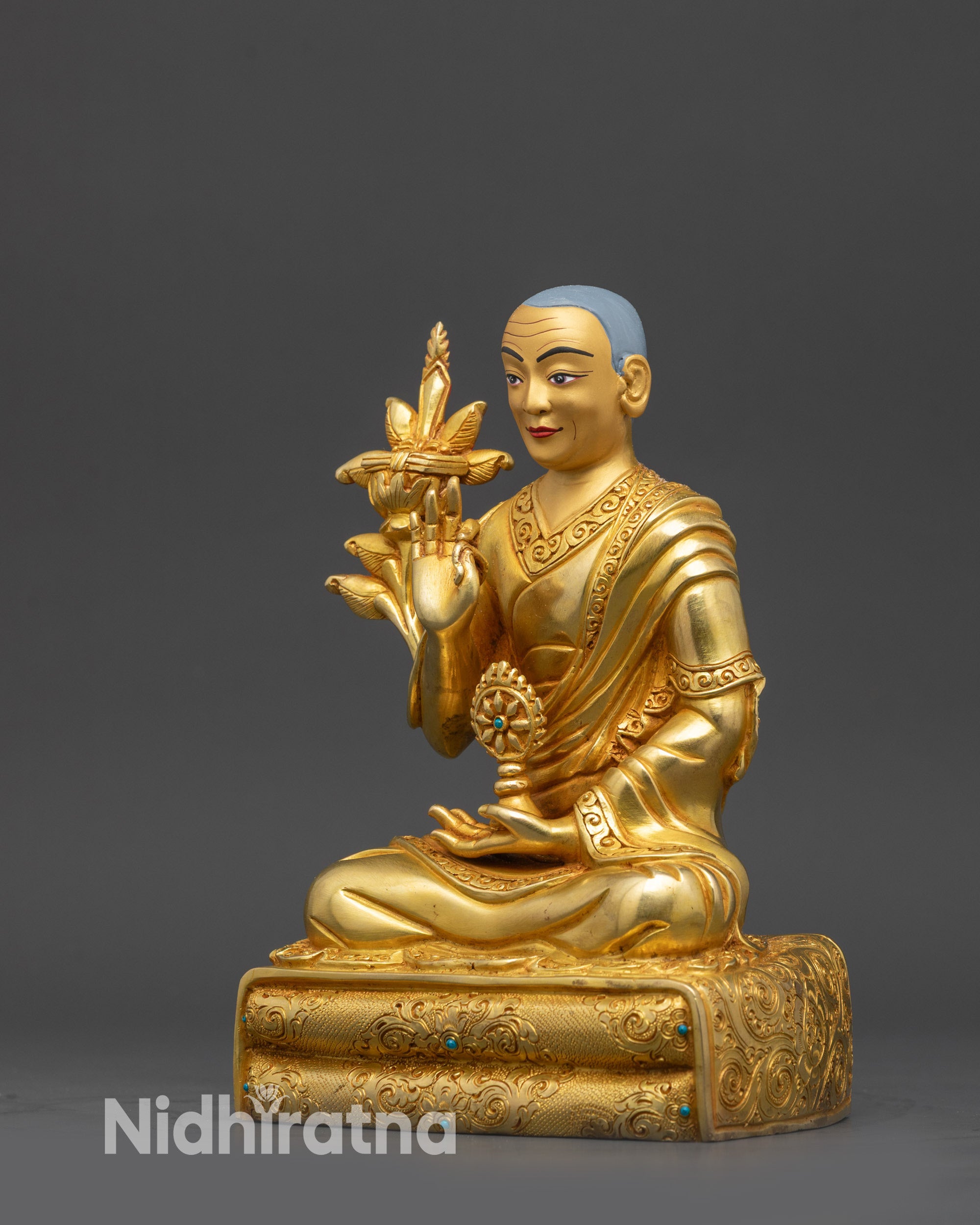 Tibetan Buddhist Dalai Lama Statue Gold Gilded Face on Copper Alloy Base Symbol of Compassion