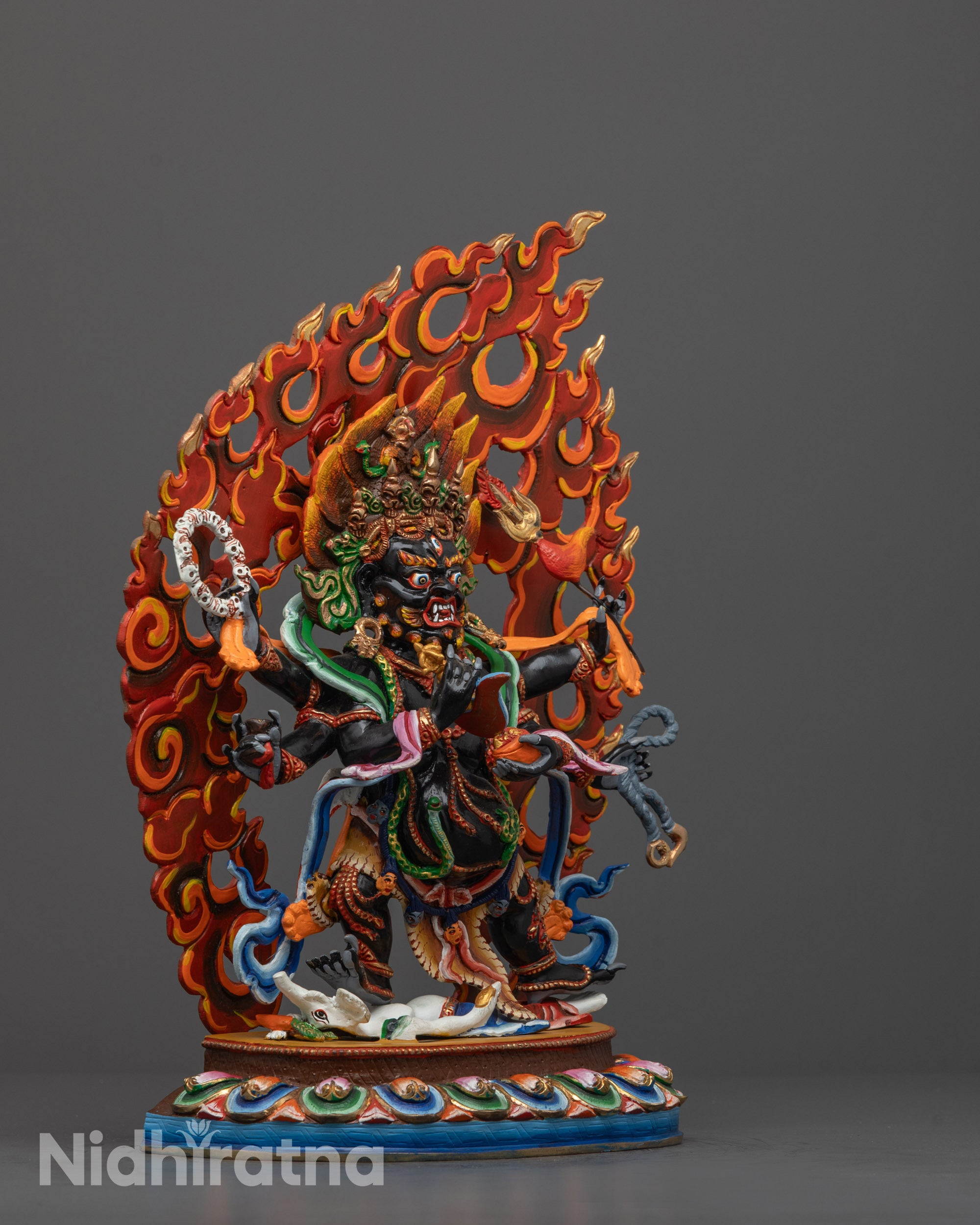 Tibetan Buddhist Guardian Deity Mahakala with Six Arms Holding Objects