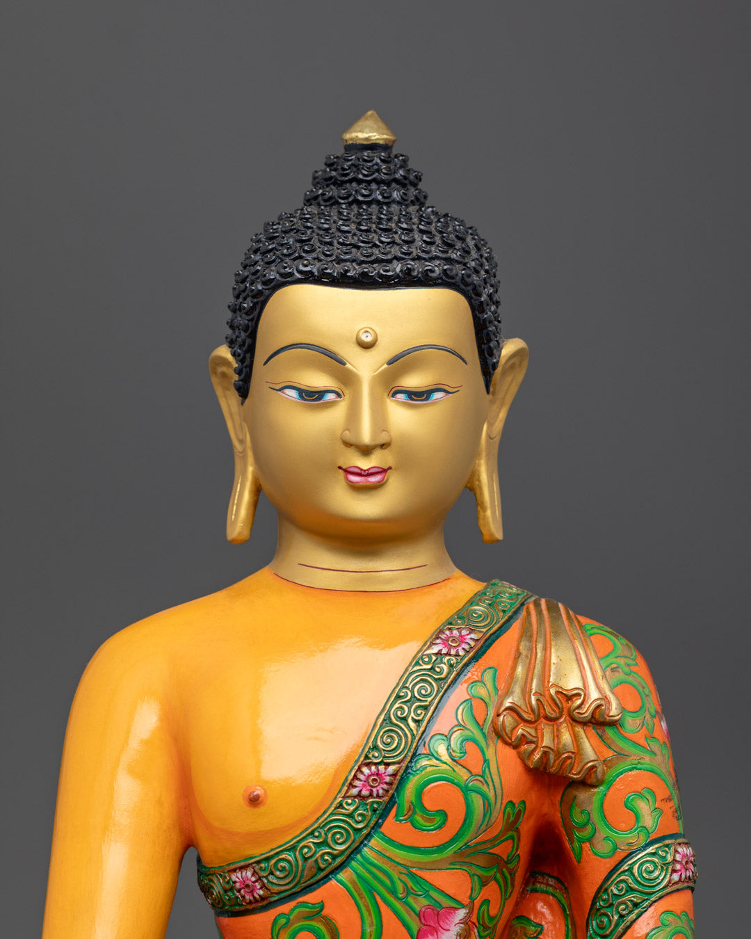 Tibetan Buddhist Shakyamuni Buddha Statue, 24K gold-coated face, acrylic accents, hollow chamber for mantras, 13.9" copper art.