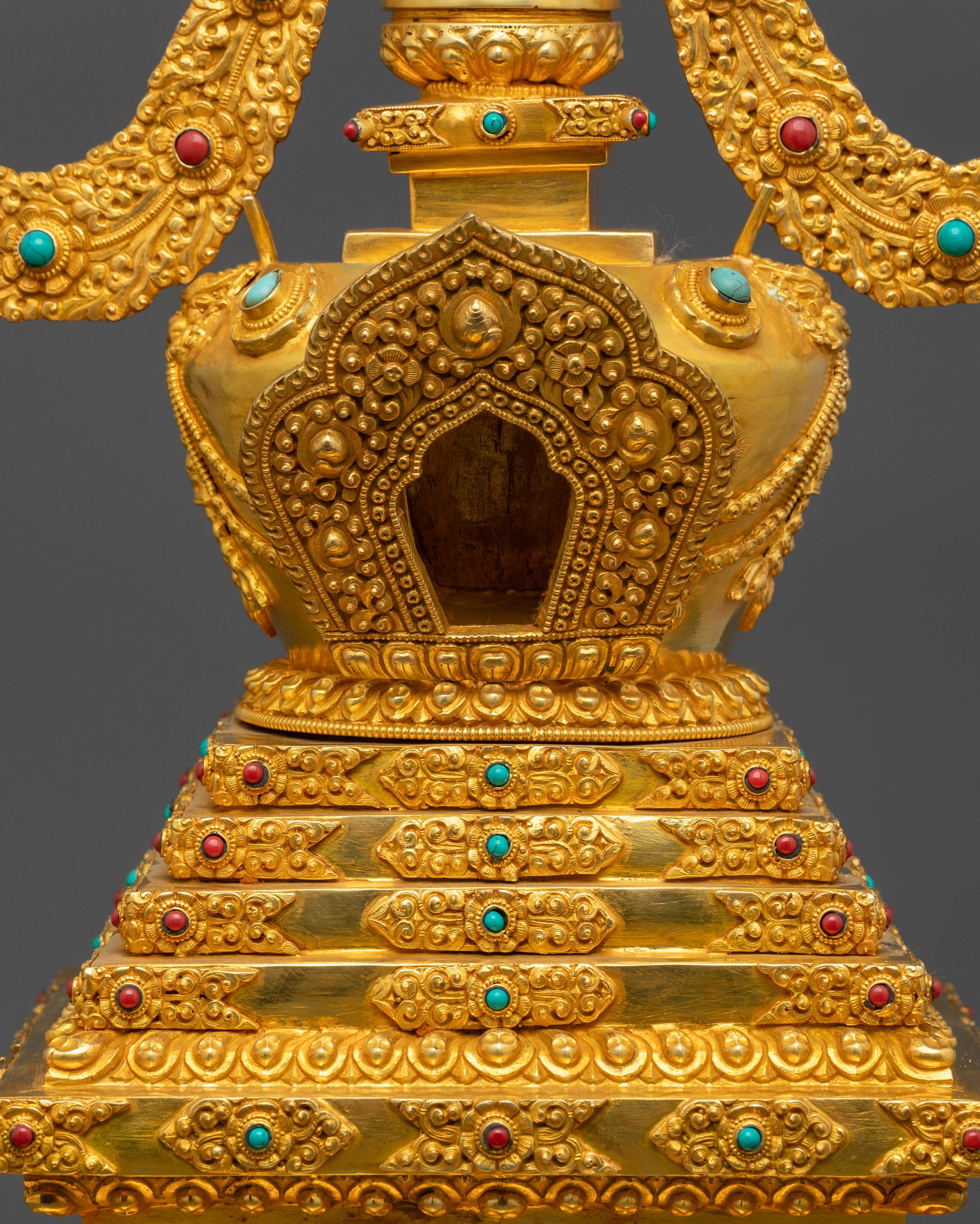 Tibetan Buddhist Stupa Adorned with Semi Precious Stones and Motifs