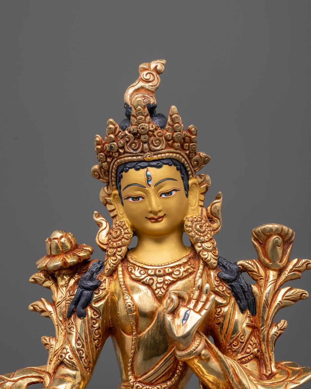Tibetan Buddhist White Tara Sculpture Adorned with Semi-Precious Stones and Acrylic Colors