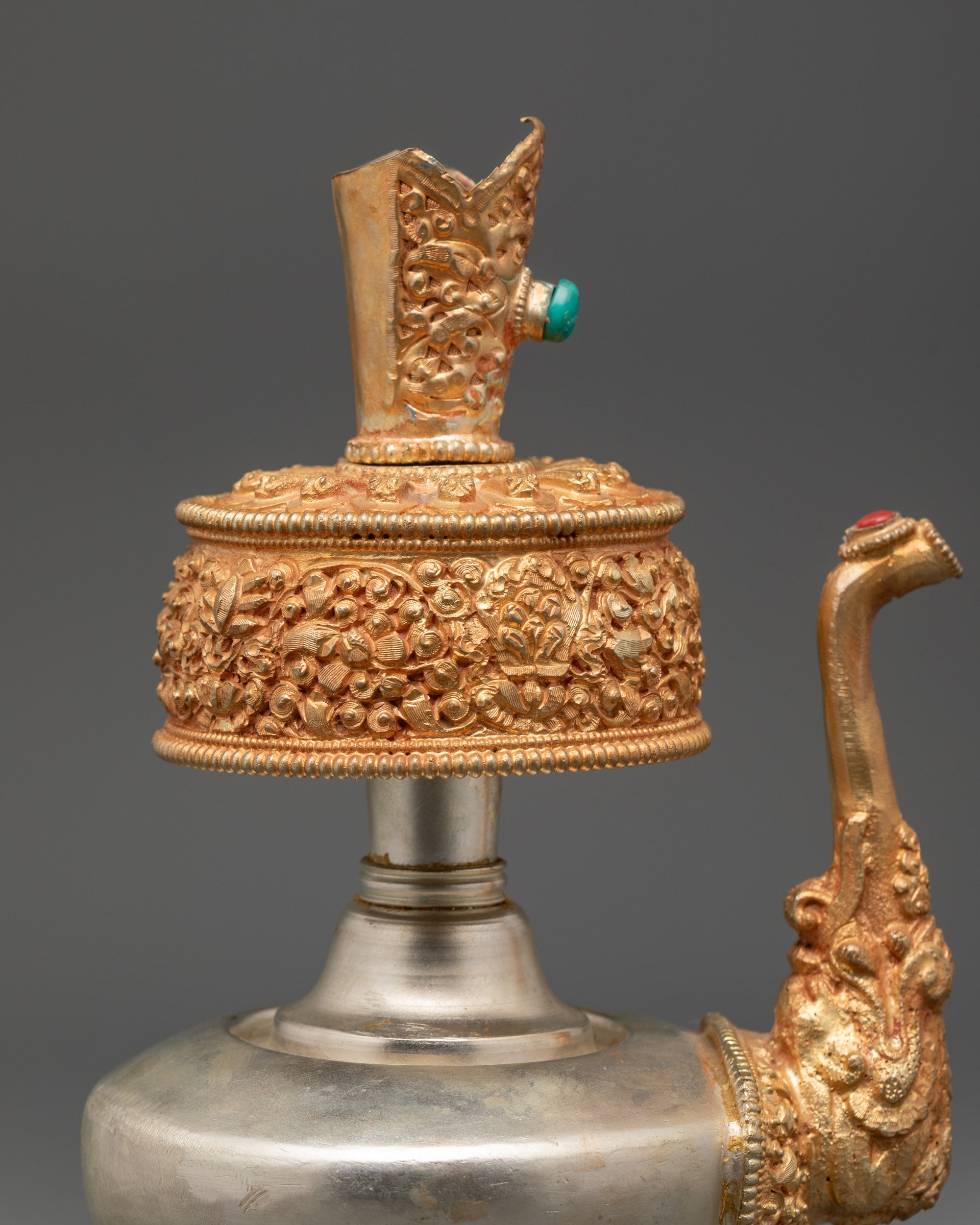 Tibetan Che Gumba 24K Gold Silver Ritual Pot Side Angle Handmade Nepal